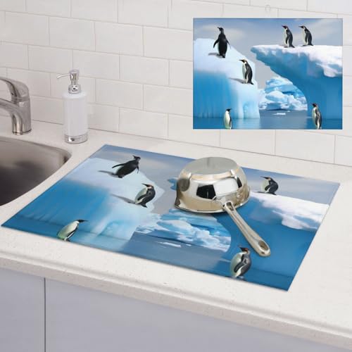 Abtropfmatte mit Pinguine auf dem Eisberg, super saugfähig, Mikrofaser, Abtropfmatte für Küchentheke, großes Geschirr, leicht zu reinigen, Mehrzweck-Abtropfmatte, 61 x 45,7 cm von NBSKSDLK