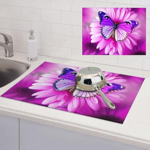 Abtropfmatte mit Schmetterlingen und Blumen, super saugfähig, Mikrofaser, für Küchentheke, großes Geschirr, leicht zu reinigen, Mehrzweck-Abtropfmatte, 61 x 45,7 cm von NBSKSDLK