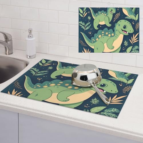Abtropfmatte mit niedlichem Dinosaurier-Motiv, super saugfähig, Mikrofaser, für Küchentheke, großes Geschirr, leicht zu reinigen, Mehrzweck-Abtropfmatte, 61 x 45,7 cm von NBSKSDLK