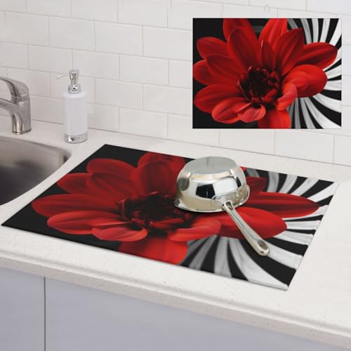 Abtropfmatte mit roten Blumen, super saugfähig, Mikrofaser, Abtropfmatte für Küchentheke, großes Geschirr, leicht zu reinigen, Mehrzweck-Abtropfmatte, 61 x 45,7 cm von NBSKSDLK