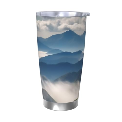 Becher mit Landschaft mit Bergen und Wolken, Edelstahl, vakuumisoliert, mit Deckel und Strohhalm, doppelwandiger Reisebecher für heiß/kalt, auslaufsicherer Thermobecher für Zuhause, Büro, Auto, 590 ml von NBSKSDLK