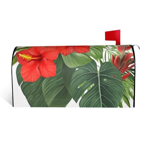 Briefkastenabdeckungen mit Vegetationsblättern mit Hibiskusblumen, magnetisch, Standardgröße, 53,3 x 45,7 cm, dekorative Briefkasten-Abdeckung für Garten, Hof, Außenbereich, Briefkastenverpackung von NBSKSDLK