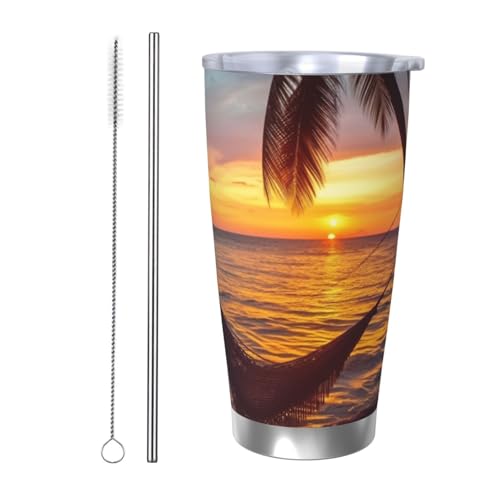 Coconut Beach Sonnenuntergang Hängemattenbecher, Edelstahl, vakuumisoliert, Kaffeebecher mit Deckel und Strohhalm, doppelwandiger Reisebecher für heiß/kalt, auslaufsicherer Thermobecher für Zuhause von NBSKSDLK