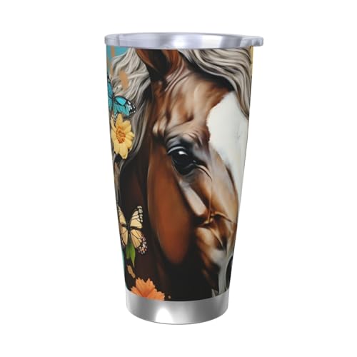 Ein Pferd mit Blumen und Schmetterlingen, 590 ml, vakuumisolierter Kaffeebecher aus Edelstahl mit Deckel und Strohhalm, doppelwandiger Reisebecher für heiß/kalt, auslaufsicherer Thermobecher für von NBSKSDLK