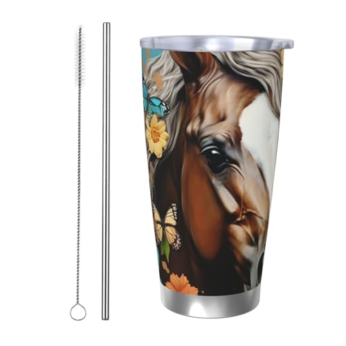 Ein Pferd mit Blumen und Schmetterlingen, 590 ml, vakuumisolierter Kaffeebecher aus Edelstahl mit Deckel und Strohhalm, doppelwandiger Reisebecher für heiß/kalt, auslaufsicherer Thermobecher für von NBSKSDLK