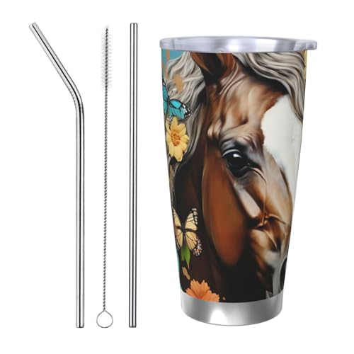 Ein Pferd mit Blumen und Schmetterlingen, 590 ml, vakuumisolierter Kaffeebecher aus Edelstahl mit Deckel und Strohhalm, doppelwandiger Reisebecher für heiß/kalt, auslaufsicherer Thermobecher für von NBSKSDLK