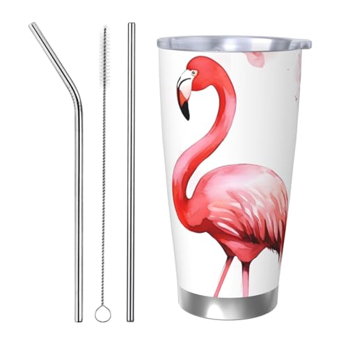 Flamingo Tumbler Vakuumisolierter Kaffeebecher aus Edelstahl mit Deckel und Strohhalm, doppelwandiger Reisebecher für heiß/kalt, auslaufsicherer Thermobecher für Zuhause, Büro, Auto, 590 ml von NBSKSDLK