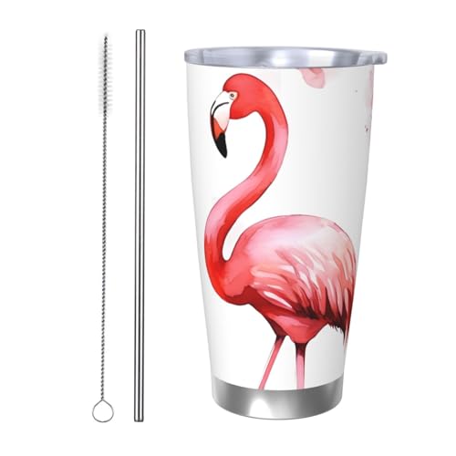 Flamingo Tumbler Vakuumisolierter Kaffeebecher aus Edelstahl mit Deckel und Strohhalm, doppelwandiger Reisebecher für heiß/kalt, auslaufsicherer Thermobecher für Zuhause, Büro, Auto, 590 ml von NBSKSDLK