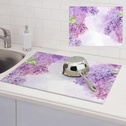 Framing Abtropfmatte mit lila Blumen in Blüte, super saugfähig, Mikrofaser, Abtropfmatte für Küchentheke, großes Geschirr, leicht zu reinigen, Mehrzweck-Abtropfmatte, 61 x 45,7 cm von NBSKSDLK