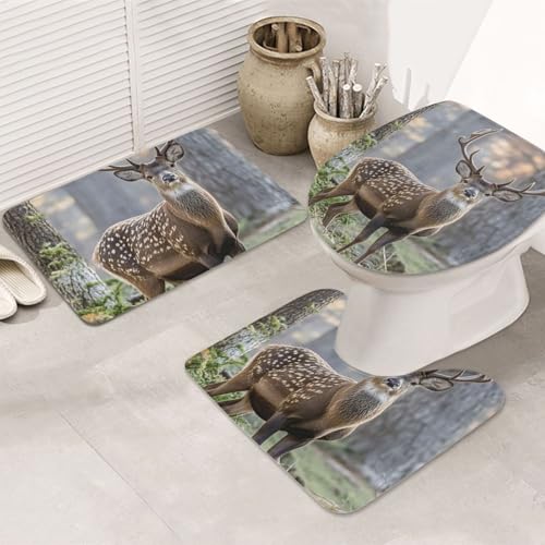 NBSKSDLK 3-teiliges Badteppich-Set, Camouflage-Muster, Hirsch, rutschfest, saugfähig, U-Form mit WC-Deckelbezug, Badteppich-Set aus Memory-Schaum von NBSKSDLK