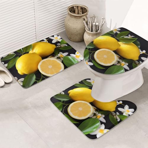 NBSKSDLK 3-teiliges Badteppich-Set, Zitrone und Blumen, rutschfest, saugfähig, U-Form mit WC-Deckelbezug, Badvorleger-Set aus Memory-Schaumstoff für Dekoration von NBSKSDLK