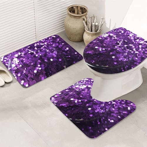NBSKSDLK 3-teiliges Badteppich-Set mit violettem Glitzer, rutschfest, saugfähig, U-Form mit WC-Deckelbezug, Badvorleger-Set aus Memory-Schaumstoff für Dekoration von NBSKSDLK