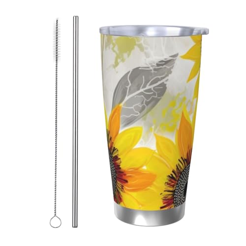 NBSKSDLK Abstrakter Sonnenblumen-Becher, 590 ml, Edelstahl, vakuumisoliert, Kaffeebecher mit Deckel und Strohhalm, doppelwandiger Reisebecher für heiß/kalt, auslaufsicherer Thermobecher für Zuhause von NBSKSDLK