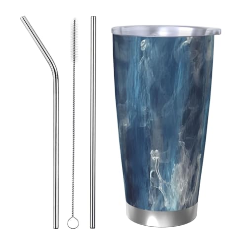 NBSKSDLK Abstrakter blauer Becher aus Edelstahl, vakuumisoliert, mit Deckel und Strohhalm, doppelwandiger Reisebecher für heiß/kalt, auslaufsicherer Thermobecher für Zuhause, Büro, Auto von NBSKSDLK