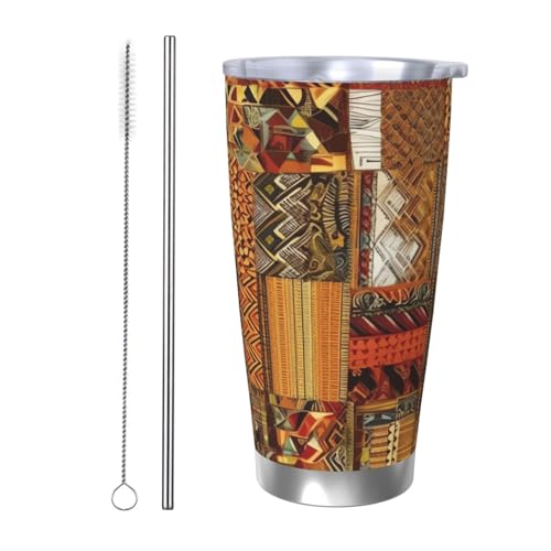 NBSKSDLK African Textile Patchwork Tumbler 590 ml, Edelstahl, vakuumisolierter Kaffeebecher mit Deckel und Strohhalm, doppelwandiger Reisebecher für heiß/kalt, auslaufsicherer Thermobecher für Zuhause von NBSKSDLK