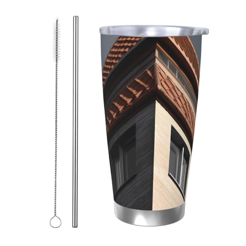 NBSKSDLK Architecture Roof Tumbler Thermobecher aus Edelstahl, vakuumisoliert, mit Deckel und Strohhalm, doppelwandiger Reisebecher für heiß/kalt, auslaufsicherer Thermobecher für Zuhause, Büro, Auto von NBSKSDLK