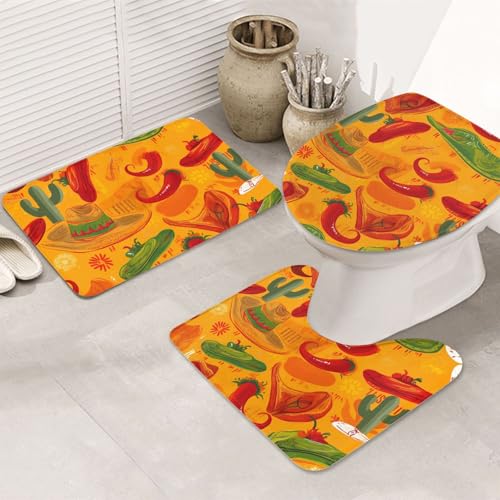 NBSKSDLK Badezimmerteppich-Set mit Kaktushut und Chilischote, rutschfest, saugfähig, U-förmiger WC-Vorleger mit WC-Abdeckung, Memory-Schaum-Badteppich-Set für luxuriöse Badezimmer-Dekoration von NBSKSDLK