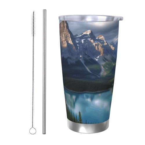 NBSKSDLK Banff National Park Tumbler 590 ml, Edelstahl, vakuumisolierter Kaffeebecher mit Deckel und Strohhalm, doppelwandiger Reisebecher für heiß/kalt, auslaufsicherer Thermobecher für Zuhause, Büro von NBSKSDLK