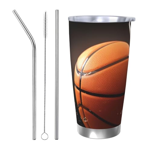 NBSKSDLK Basketballbecher, 590 ml, Edelstahl, vakuumisoliert, Kaffeebecher mit Deckel und Strohhalm, doppelwandiger Reisebecher für heiß/kalt, auslaufsicherer Thermobecher für Zuhause, Büro, Auto von NBSKSDLK