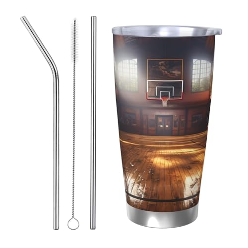 NBSKSDLK Basketballplatz-Becher aus Edelstahl, vakuumisoliert, mit Deckel und Strohhalm, doppelwandiger Reisebecher für heiß/kalt, auslaufsicherer Thermobecher für Zuhause, Büro, Auto, 590 ml von NBSKSDLK