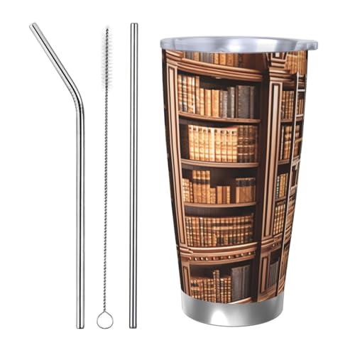 NBSKSDLK Bibliotheks-Bücherregal-Becher, Edelstahl, vakuumisoliert, Kaffeebecher mit Deckel und Strohhalm, doppelwandiger Reisebecher für heiß/kalt, auslaufsicherer Thermobecher für Zuhause, Büro von NBSKSDLK