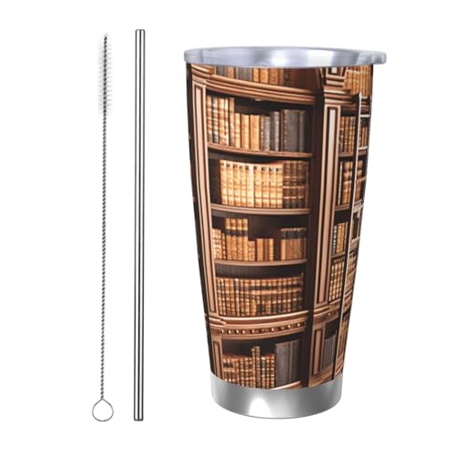 NBSKSDLK Bibliotheks-Bücherregal-Becher, Edelstahl, vakuumisoliert, Kaffeebecher mit Deckel und Strohhalm, doppelwandiger Reisebecher für heiß/kalt, auslaufsicherer Thermobecher für Zuhause, Büro von NBSKSDLK