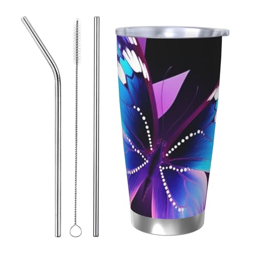 NBSKSDLK Blau-violetter Schmetterlings-Becher aus Edelstahl, vakuumisoliert, mit Deckel und Strohhalm, doppelwandiger Reisebecher für heiß/kalt, auslaufsicherer Thermobecher für Zuhause, Büro, Auto von NBSKSDLK