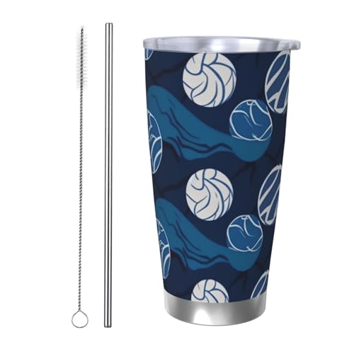 NBSKSDLK Blauer Volleyballbecher, Edelstahl, vakuumisoliert, Kaffeebecher mit Deckel und Strohhalm, doppelwandiger Reisebecher für heiß/kalt, auslaufsicherer Thermobecher für Zuhause, Büro, Auto von NBSKSDLK