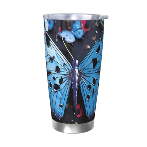 NBSKSDLK Blue Butterfly Wasserbecher, 590 ml, Edelstahl, vakuumisoliert, Kaffeebecher mit Deckel und Strohhalm, doppelwandiger Reisebecher für heiß/kalt, auslaufsicherer Thermobecher für Zuhause, Büro von NBSKSDLK