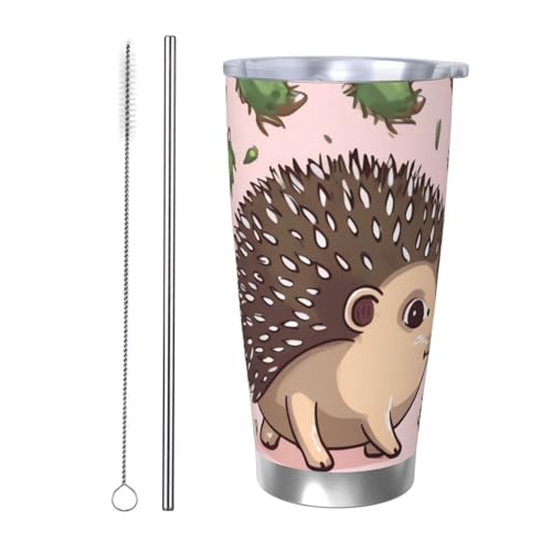 NBSKSDLK Cartoon-Igel-Becher aus Edelstahl, vakuumisoliert, mit Deckel und Strohhalm, doppelwandiger Reisebecher für heiß/kalt, auslaufsicherer Thermobecher für Zuhause, Büro, Auto, 590 ml von NBSKSDLK