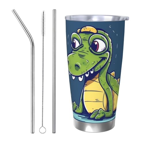 NBSKSDLK Cartoon-Krokodil-Becher, 590 ml, Edelstahl, vakuumisoliert, Kaffeebecher mit Deckel und Strohhalm, doppelwandiger Reisebecher für heiß/kalt, auslaufsicherer Thermobecher für Zuhause, Büro von NBSKSDLK