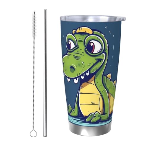 NBSKSDLK Cartoon-Krokodil-Becher, 590 ml, Edelstahl, vakuumisoliert, Kaffeebecher mit Deckel und Strohhalm, doppelwandiger Reisebecher für heiß/kalt, auslaufsicherer Thermobecher für Zuhause, Büro von NBSKSDLK