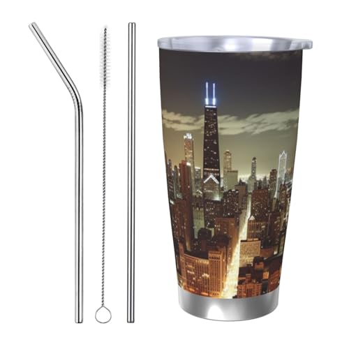 NBSKSDLK Chicago City Tumbler Vakuumisolierter Kaffeebecher aus Edelstahl mit Deckel und Strohhalm, doppelwandiger Reisebecher für heiß/kalt, auslaufsicherer Thermobecher für Zuhause, Büro, Auto, 590 von NBSKSDLK
