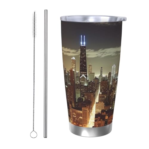 NBSKSDLK Chicago City Tumbler Vakuumisolierter Kaffeebecher aus Edelstahl mit Deckel und Strohhalm, doppelwandiger Reisebecher für heiß/kalt, auslaufsicherer Thermobecher für Zuhause, Büro, Auto, 590 von NBSKSDLK