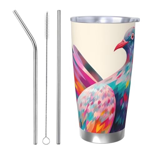 NBSKSDLK Colorful Pigeon Tumbler Edelstahl-Kaffeebecher mit Deckel und Strohhalm, doppelwandiger Reisebecher für heiß/kalt, auslaufsicherer Thermobecher für Zuhause, Büro, Auto, 590 ml von NBSKSDLK