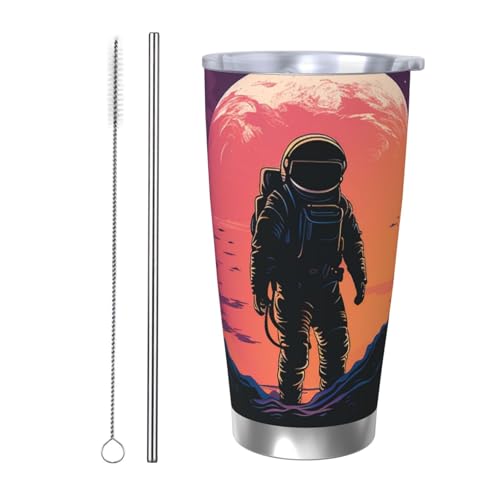 NBSKSDLK Cool Astronaut Tumbler 590 ml, Edelstahl, vakuumisolierter Kaffeebecher mit Deckel und Strohhalm, doppelwandiger Reisebecher für heiß/kalt, auslaufsicherer Thermobecher für Zuhause, Büro von NBSKSDLK
