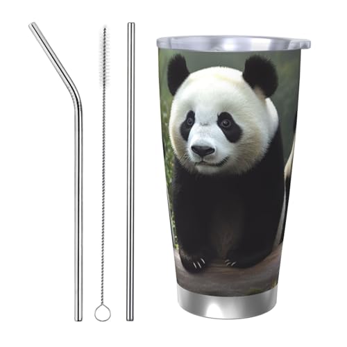 NBSKSDLK Cute Panda Tumbler 590 ml, Edelstahl, vakuumisolierter Kaffeebecher mit Deckel und Strohhalm, doppelwandiger Reisebecher für heiß/kalt, auslaufsicherer Thermobecher für Zuhause, Büro, Auto von NBSKSDLK