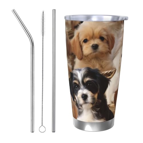 NBSKSDLK Cute Pet Dogs Tumbler Trinkbecher, Edelstahl, vakuumisoliert, mit Deckel und Strohhalm, doppelwandiger Reisebecher für heiß/kalt, auslaufsicherer Thermobecher für Zuhause, Büro, Auto, 590 ml von NBSKSDLK
