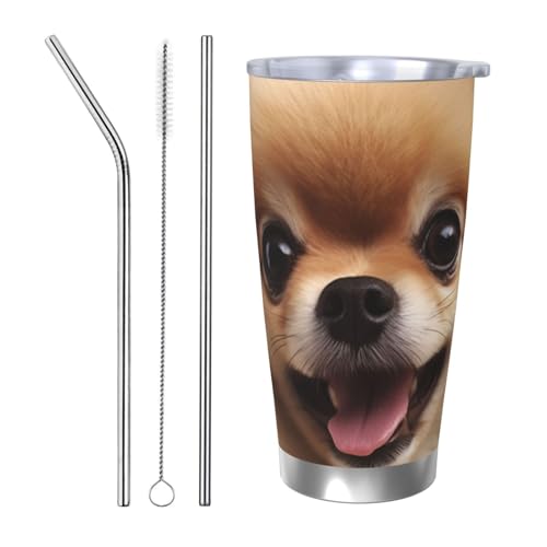 NBSKSDLK Cute Pomeranian Tumbler Trinkbecher, Edelstahl, vakuumisoliert, Kaffeebecher mit Deckel und Strohhalm, doppelwandiger Reisebecher für heiß/kalt, auslaufsicherer Thermobecher für Zuhause, Büro von NBSKSDLK