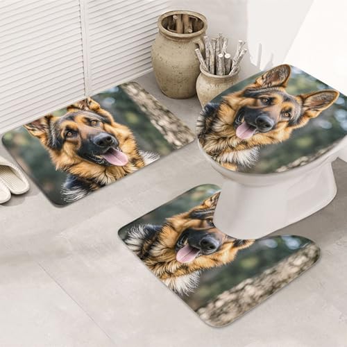 NBSKSDLK Deutscher Schäferhund Badematten Set 3-teilig Rutschfest Saugfähig U-Form Badvorleger mit WC-Abdeckung Badvorleger Set Memory Foam Badematte für Dekoration von NBSKSDLK