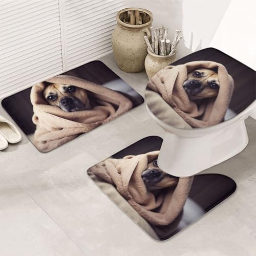 NBSKSDLK Dog in a Blanket 3-teiliges Badteppich-Set, rutschfeste und saugfähige U-förmige Badematten mit WC-Deckelbezug, Memory-Schaum-Badezimmerteppich-Set für Dekoration von NBSKSDLK