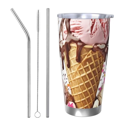 NBSKSDLK Eisbecher aus Edelstahl, vakuumisoliert, mit Deckel und Strohhalm, doppelwandiger Reisebecher für heiß/kalt, auslaufsicherer Thermobecher für Zuhause, Büro, Auto, 590 ml von NBSKSDLK