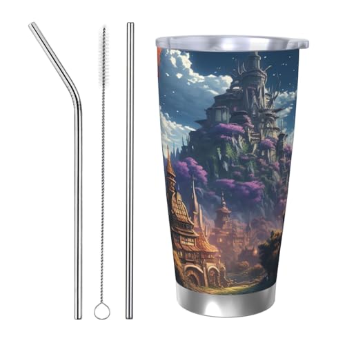 NBSKSDLK Fantasy Town Tumbler Vakuumisolierter Kaffeebecher aus Edelstahl mit Deckel und Strohhalm, doppelwandiger Reisebecher für heiß/kalt, auslaufsicherer Thermobecher für Zuhause, Büro, Auto, 590 von NBSKSDLK