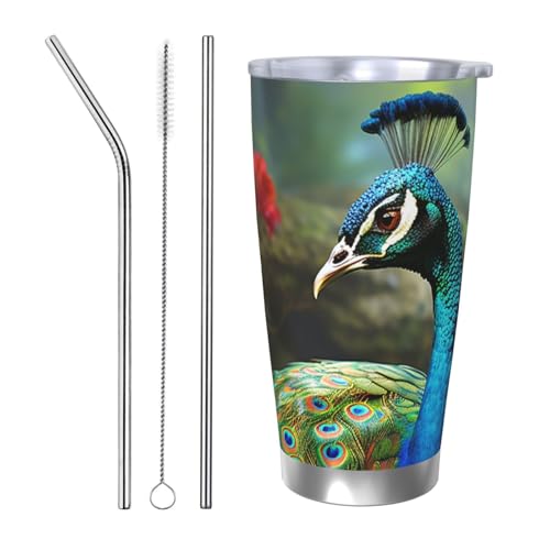 NBSKSDLK Farbenfroher Pfauenbecher, Edelstahl, vakuumisoliert, Kaffeebecher mit Deckel und Strohhalm, doppelwandiger Reisebecher für heiß/kalt, auslaufsicherer Thermobecher für Zuhause, Büro, Auto von NBSKSDLK
