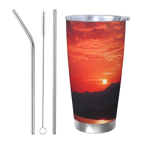 NBSKSDLK Fiery Red Sunset Tumbler 590 ml, Edelstahl, vakuumisolierter Kaffeebecher mit Deckel und Strohhalm, doppelwandiger Reisebecher für heiß/kalt, auslaufsicherer Thermobecher für Zuhause, Büro von NBSKSDLK