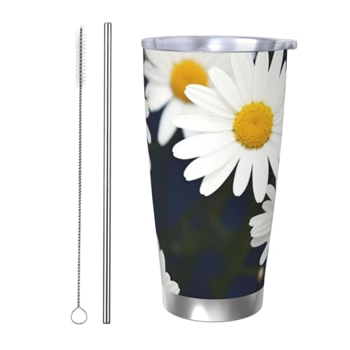 NBSKSDLK Flowers Daisy Tumbler Edelstahl-Vakuumisolierter Kaffeebecher mit Deckel und Strohhalm, doppelwandiger Reisebecher für heiß/kalt, auslaufsicherer Thermobecher für Zuhause, Büro, Auto, 590 ml von NBSKSDLK