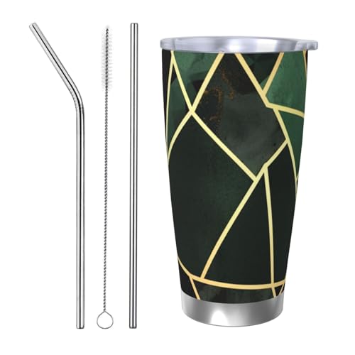 NBSKSDLK Geometrischer Becher aus Edelstahl, vakuumisoliert, mit Deckel und Strohhalm, doppelwandiger Reisebecher für heiß/kalt, auslaufsicherer Thermobecher für Zuhause, Büro, Auto, Schwarz und Gold von NBSKSDLK