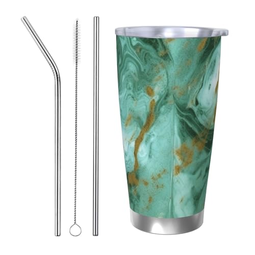 NBSKSDLK Grüner goldener Marmorbecher, Edelstahl, vakuumisoliert, Kaffeebecher mit Deckel und Strohhalm, doppelwandiger Reisebecher für heiß/kalt, auslaufsicherer Thermobecher für Zuhause, Büro, Auto von NBSKSDLK