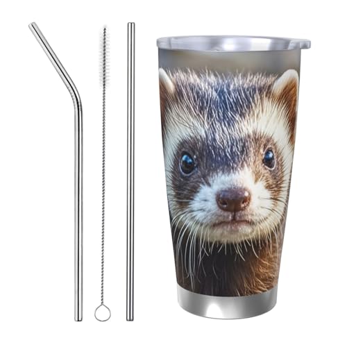 NBSKSDLK Hairy Frettchen-Becher aus Edelstahl, vakuumisoliert, mit Deckel und Strohhalm, doppelwandiger Reisebecher für heiß/kalt, auslaufsicherer Thermobecher für Zuhause, Büro, Auto, 590 ml von NBSKSDLK