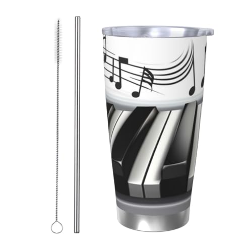 NBSKSDLK Kaffeebecher mit Klaviermusiksymbol, Edelstahl, vakuumisoliert, mit Deckel und Strohhalm, doppelwandiger Reisebecher für heiß/kalt, auslaufsicherer Thermobecher für Zuhause, Büro, Auto, 590 von NBSKSDLK